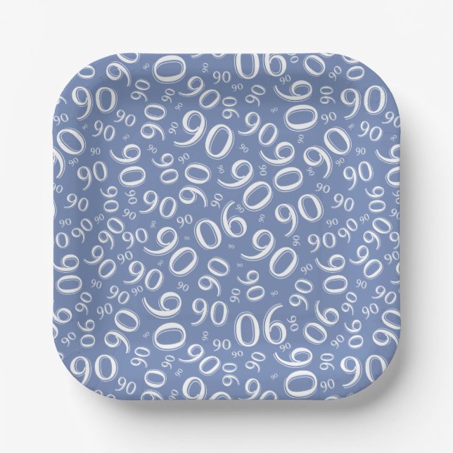 90th Party Random Number Pattern Blue/White Paper Plates (Front)