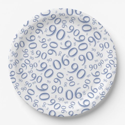 90th Party Random Number Pattern blueWhite Paper Plates