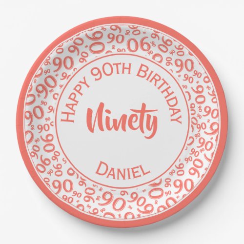 90th Party Random Number Pattern CoralWhite Paper Plates