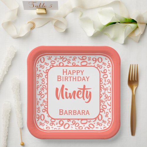 90th Party Random Number Pattern CoralWhite Paper Plates