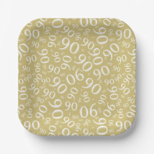 90th Party Random Number Pattern Gold/White Paper Plates