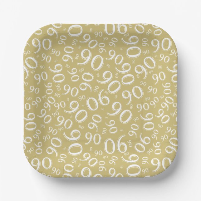 90th Party Random Number Pattern Gold/White Paper Plates (Front)