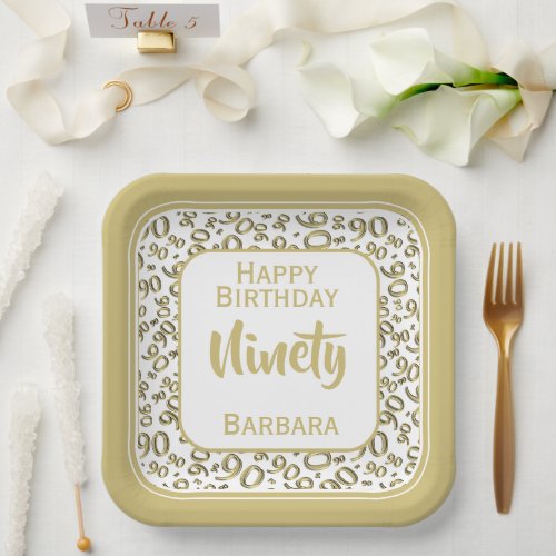 90th Party Random Number Pattern GoldWhite Paper Plates