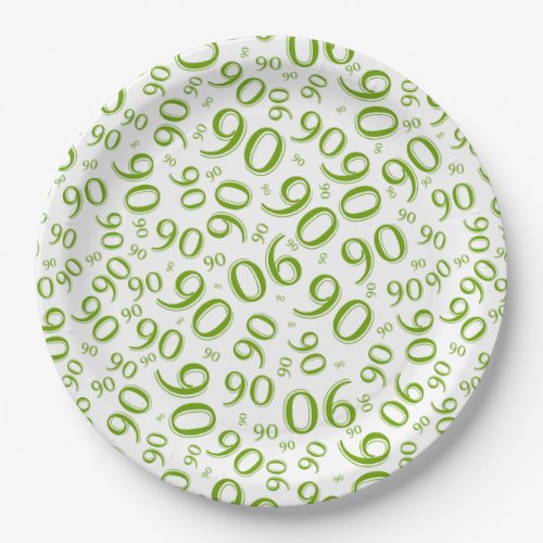 90th Party Random Number Pattern GreenWhite Paper Plates