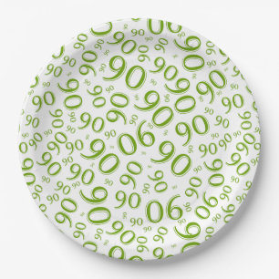 90th Party Random Number Pattern Green/White Paper Plates