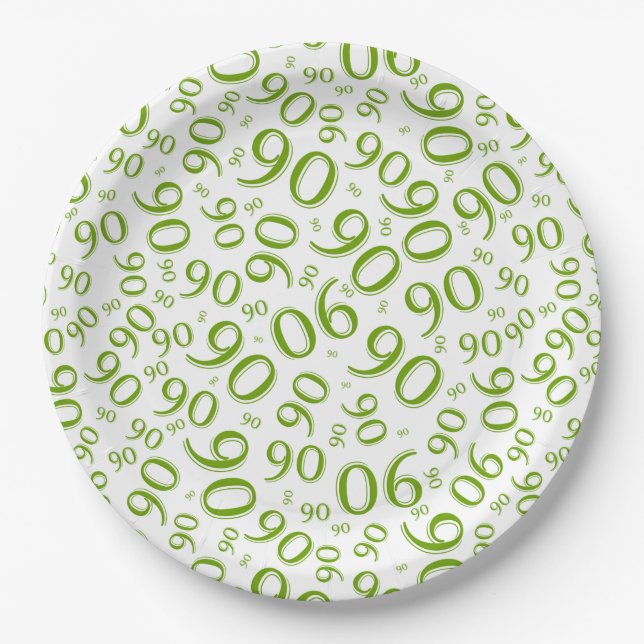 90th Party Random Number Pattern Green/White Paper Plates (Front)