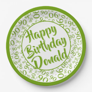 90th Party Random Number Pattern Green/White Paper Plates