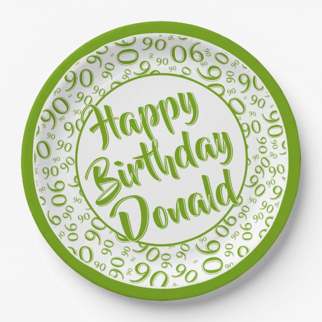 90th Party Random Number Pattern Green/White Paper Plates (Front)