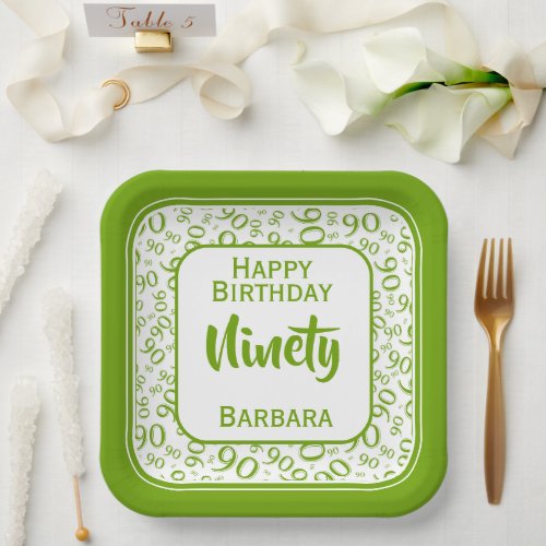 90th Party Random Number Pattern GreenWhite Paper Plates