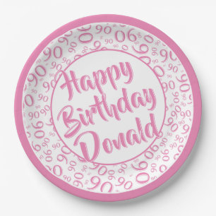90th Party Random Number Pattern Pink/White Paper Plates