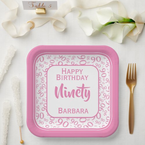 90th Party Random Number Pattern PinkWhite Paper Plates