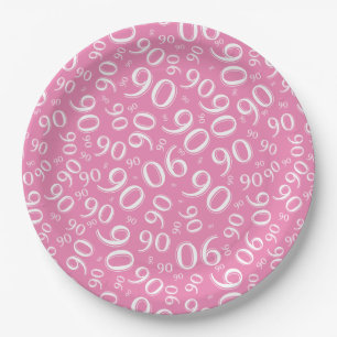 90th Party Random Number Pattern Pink/White Paper Plates