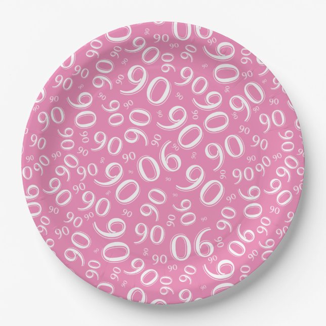 90th Party Random Number Pattern Pink/White Paper Plates (Front)