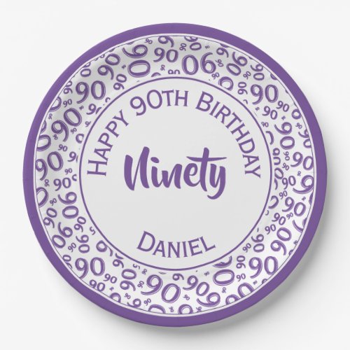 90th Party Random Number Pattern PurpleWhite Paper Plates