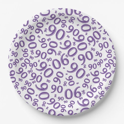 90th Party Random Number Pattern PurpleWhite Paper Plates