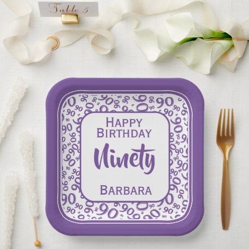 90th Party Random Number Pattern PurpleWhite Paper Plates