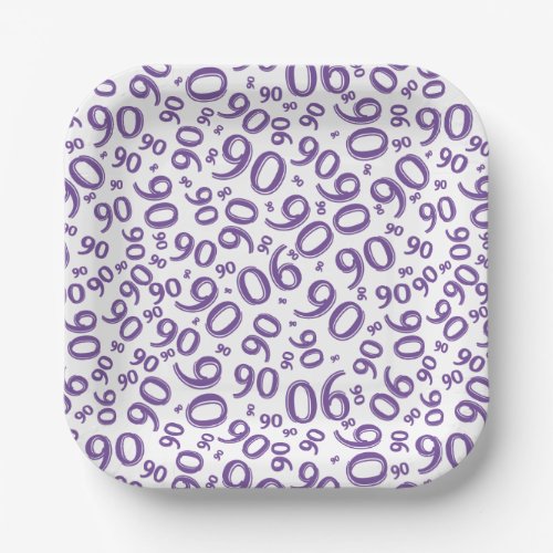 90th Party Random Number Pattern PurpleWhite Paper Plates