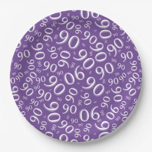 90th Party Random Number Pattern PurpleWhite Paper Plates