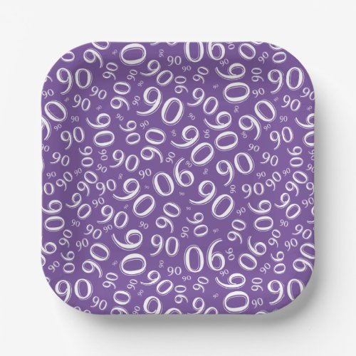 90th Party Random Number Pattern PurpleWhite Paper Plates