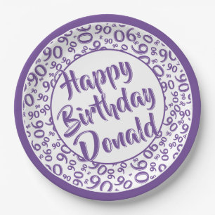 90th Party Random Number Pattern Purple/White Paper Plates