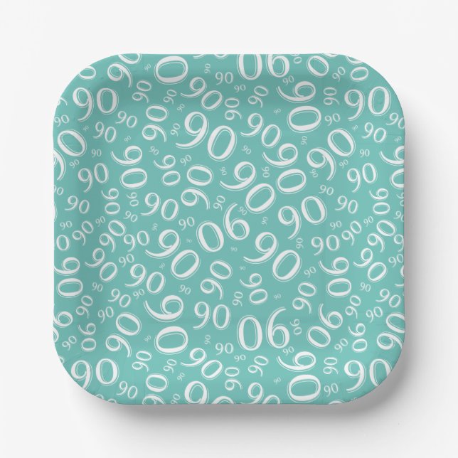 90th Party Random Number Pattern Teal/White Paper Plates (Front)