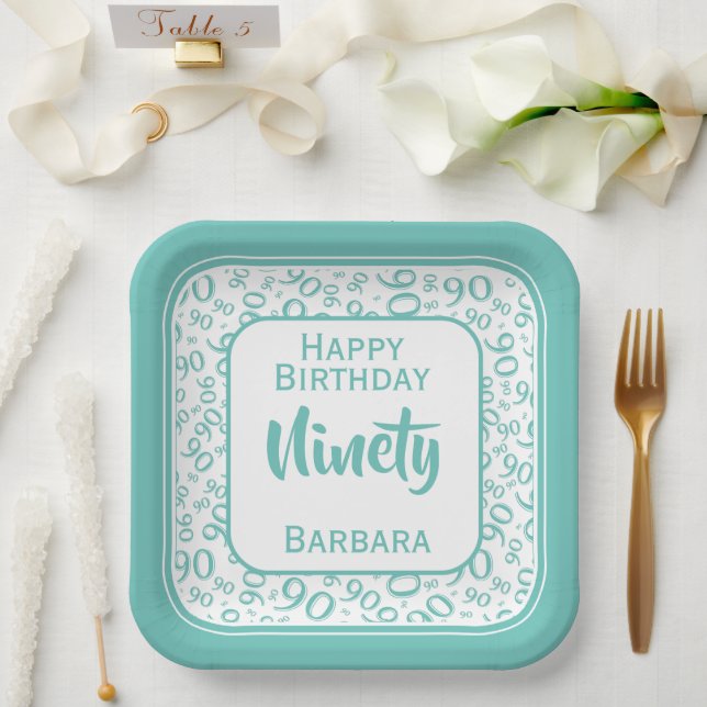 90th Party Random Number Pattern Teal/White Paper Plates (Wedding)
