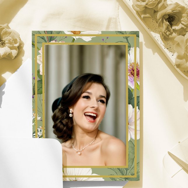 90TH Photo Green Gold Floral Elegant Birthday Invitation (Creator Uploaded)