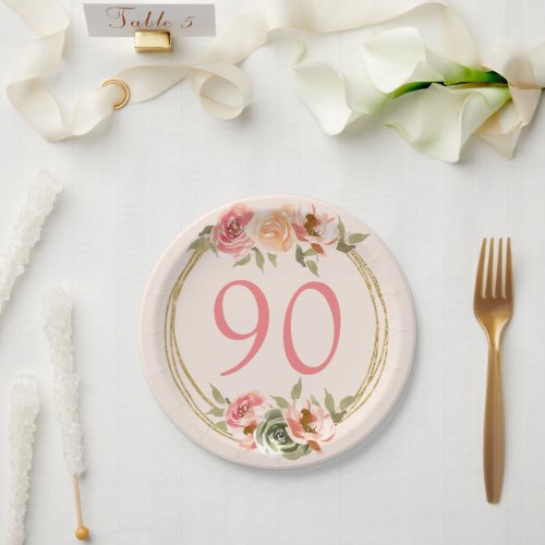 90th Pink Floral Birthday  Paper Plates