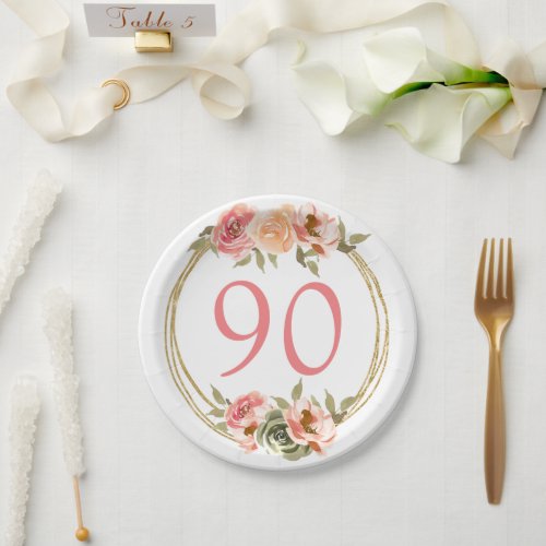 90th Pink Floral Birthday  Paper Plates