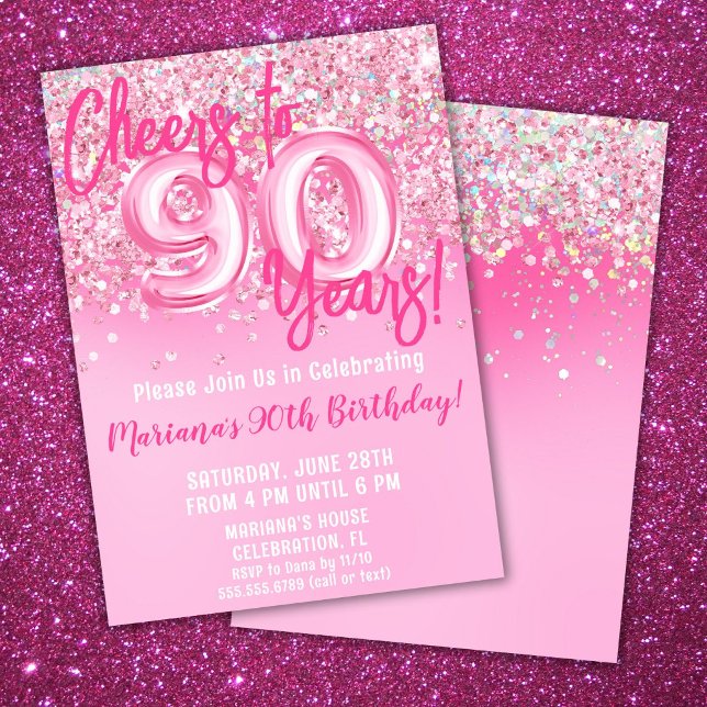 90th Pink Glitter Birthday Party Invitation (Creator Uploaded)