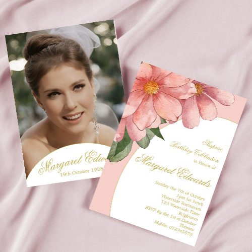 90th Pink Gold Elegant Floral Photo Birthday Invitation
