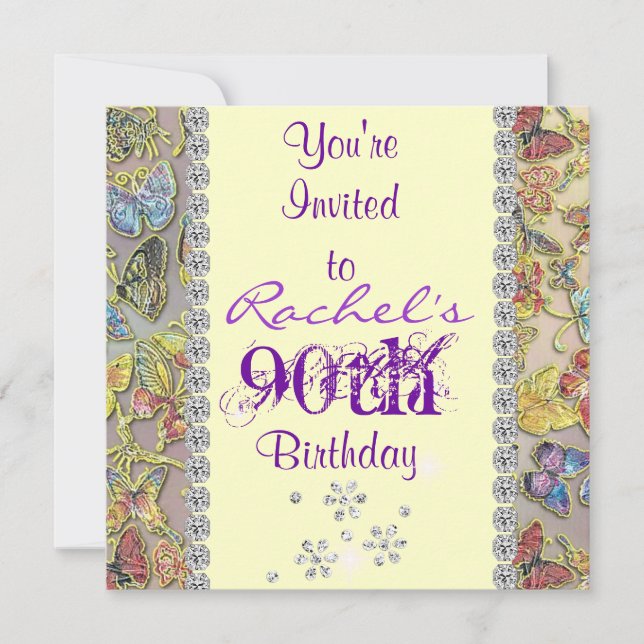 90TH PURPLE BUTTERFLY Birthday Invitation BLING (Front)