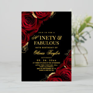 90th Real Gold Foil Black Red Roses Birthday Invitation