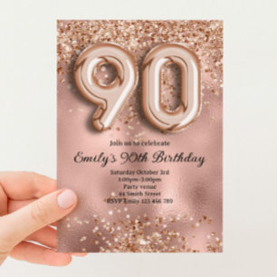 90th Rose Gold Glitter Birthday Invitation