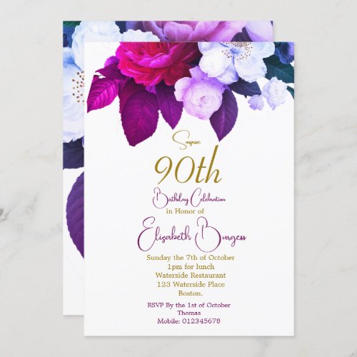  90th Rose Purple Plum Burgundy Elegant Birthday Invitation
