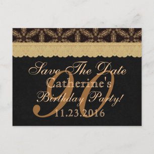 90th Save the Date Birthday Pale Gold Lace Black Announcement Postcard