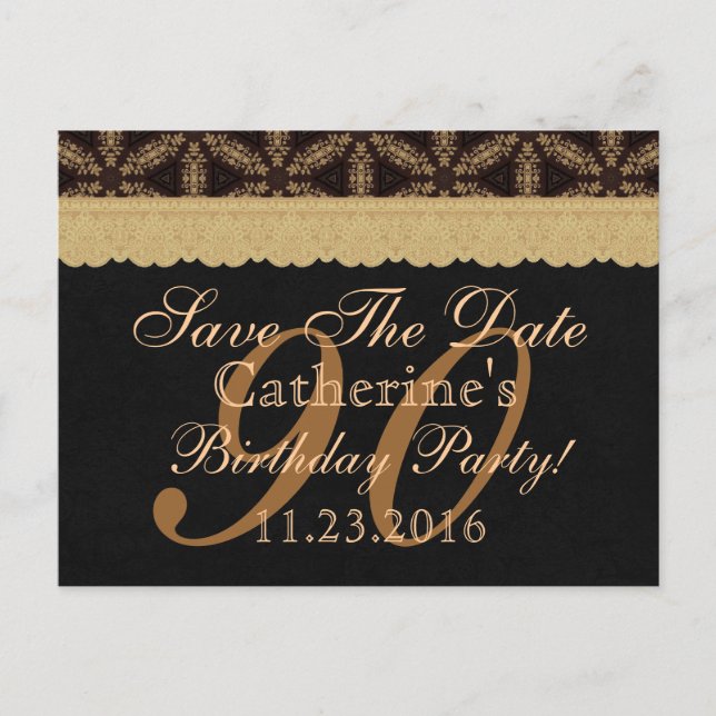 90th Save the Date Birthday Pale Gold Lace Black Announcement Postcard (Front)