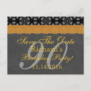 90th Save the Date Dark Gray and Gold Lace 005 Announcement Postcard