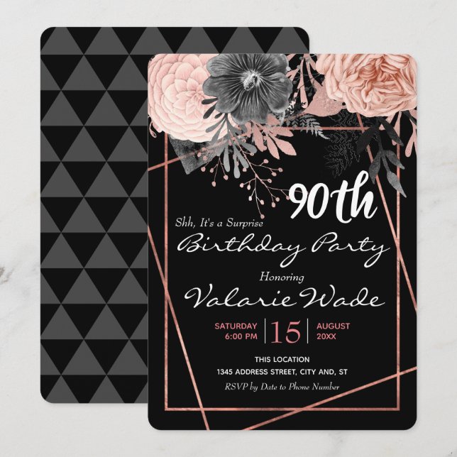 90th Suprise Birthday Party Pink Roses Invitation (Front/Back)