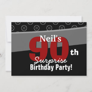 90th Surprise Birthday Black White Horizontal Invitation
