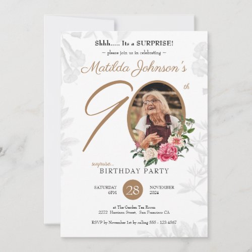 90th Surprise Birthday Chic Floral Botanical Photo