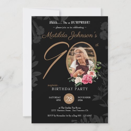 90th Surprise Birthday Floral Black Custom Photo I
