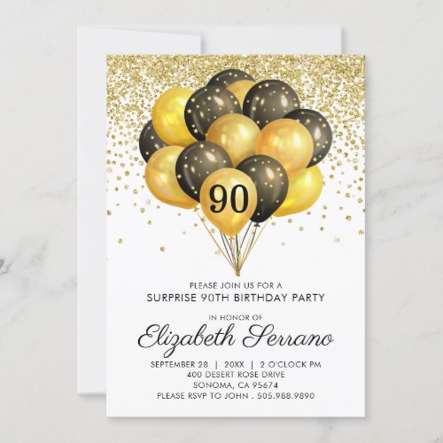 90th Surprise Birthday Party Black Gold Glitter   Invitation