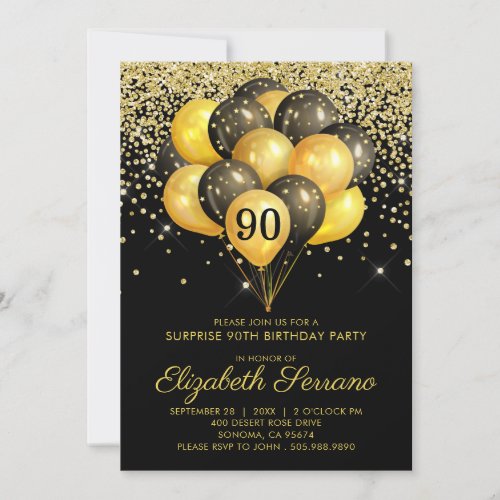 90th Surprise Birthday Party Black Gold Glitter   Invitation
