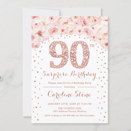 90th Surprise Birthday Party _ White Rose Gold Invitation