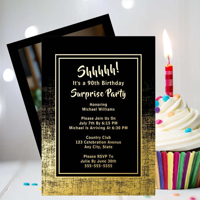 90th Surprise Birthday Photo on Back Black & Gold Foil Invitation (Creator Uploaded)