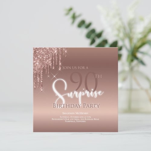 90th Surprise Glitter Pink Birthday Party Invitation