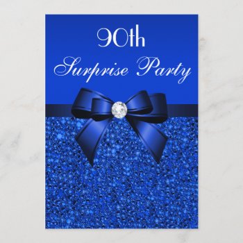 90th Surprise Party Royal Blue Sequins And Bow Invitation by AJ_Graphics at Zazzle