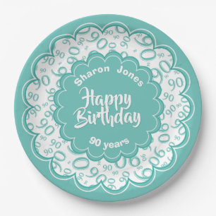 90th Teal/White Random Number Pattern Paper Plates