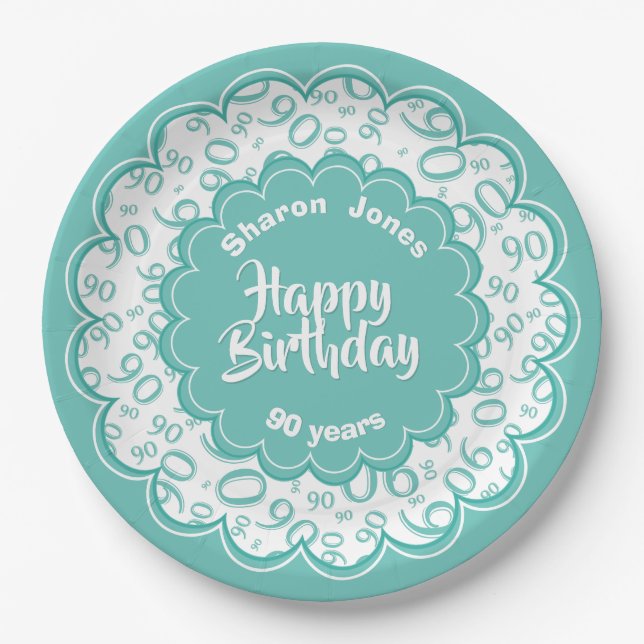 90th Teal/White Random Number Pattern Paper Plates (Front)